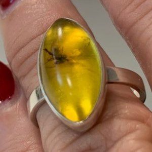 925 Sterling Silver Natural Marquise Shaped Baltic Amber Ring, with Inclusion, 7